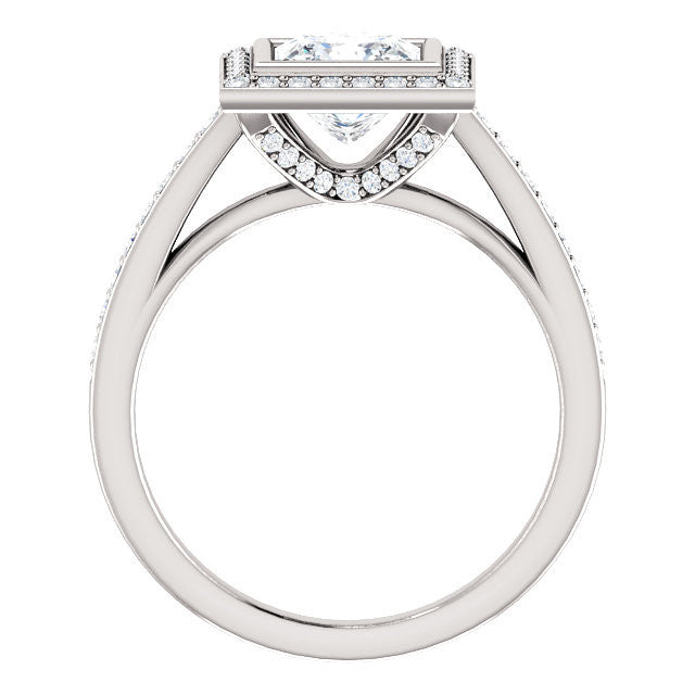 Cubic Zirconia Engagement Ring- The Samira (Customizable Halo-style Princess Cut with Under-Halo Trellis and Thin Pavé Band)