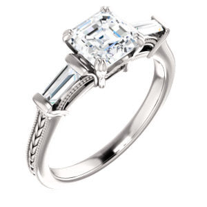 Cubic Zirconia Engagement Ring- The Kimiko (Customizable 3-stone Asscher Cut Design with Baguette Accents and Thin Wheat-Filigree Band)