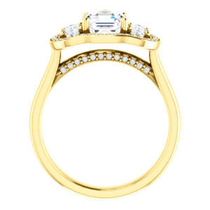 Cubic Zirconia Engagement Ring- The Nettie (Customizable Enhanced 3-stone Halo-Surrounded Design with Asscher Cut Center, Dual Oval Cut Accents, and Decorative Pavé-Accented Trellis)