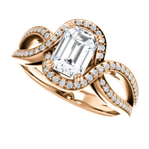 Cubic Zirconia Engagement Ring- The Goldie (Customizable Emerald Cut Center with Twisty Split-Pavé Band and Artisan Halo)