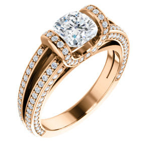 Cubic Zirconia Engagement Ring- The Scarlett (Cushion Cut with Prong-Accented Bar Basket and Split Pavé Band)