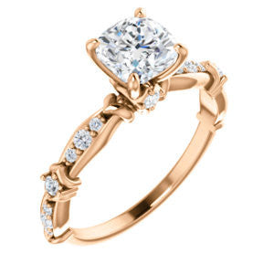Cubic Zirconia Engagement Ring- The Willow (Customizable Cushion Cut Artisan Design with 3 Kinds of Round Cut Accents)