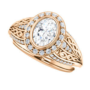 Cubic Zirconia Engagement Ring- The Tisha (Customizable Bezel-Halo Oval Cut Design with Wide Filigree & Accent Band)