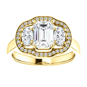 Cubic Zirconia Engagement Ring- The Nettie (Customizable Enhanced 3-stone Halo-Surrounded Design with Radiant Cut Center, Dual Oval Cut Accents, and Decorative Pavé-Accented Trellis)