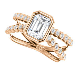 Cubic Zirconia Engagement Ring- The Lottie (Customizable Emerald Cut Design featuring Wide Beaded Split Band with Round Bezel-set Accents)