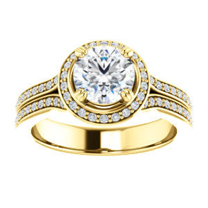CZ Wedding Set, featuring The Mia Sofia engagement ring (Customizable Cathedral-Halo Round Cut Style with Wide Split-Pavé Band)