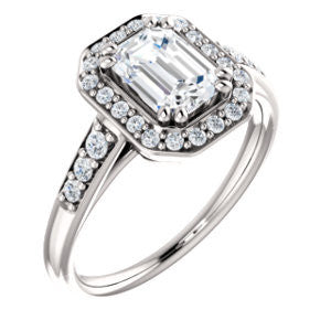 Cubic Zirconia Engagement Ring- The Julie Madison (Customizable Emerald Cut Style with Halo and Round Cut Journey-Style Band Accents)