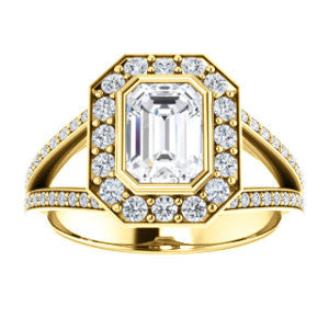 CZ Wedding Set, featuring The Maricela engagement ring (Customizable Bezel-Halo Emerald Cut Ring with Wide Tapered Pavé Split Band & Decorative Trellis)