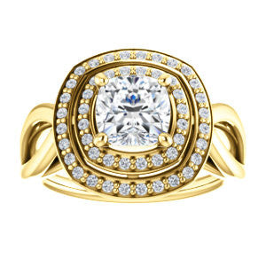 Cubic Zirconia Engagement Ring- The Magda Lesli (Customizable Double-Halo Style Cushion Cut with Curving Split Band)