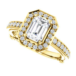 CZ Wedding Set, featuring The Sally engagement ring (Customizable Halo-Emerald Cut Design with Round Side Knuckle and Pavé Band Accents)