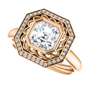 Cubic Zirconia Engagement Ring- The Bessie (Customizable Cathedral-Bezel Asscher Cut Design with Flowery Filigree and Halo)