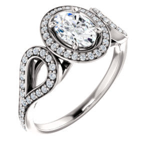 Cubic Zirconia Engagement Ring- The Roya (Customizable Cathedral-Halo Oval Cut Design with Wide Ribbon-inspired Split-Pavé Band)
