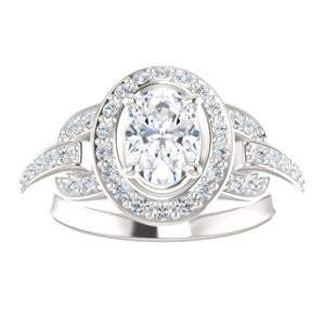 Cubic Zirconia Engagement Ring- The Karli Grace (Customizable Oval Cut Design with Halo and Interlocking Links Accented Split Band)