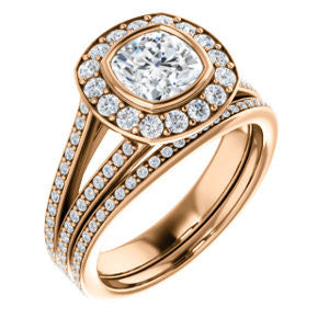 CZ Wedding Set, featuring The Maricela engagement ring (Customizable Bezel-Halo Cushion Cut Ring with Wide Tapered Pavé Split Band & Decorative Trellis)