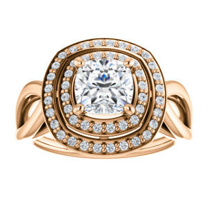 Cubic Zirconia Engagement Ring- The Magda Lesli (Customizable Double-Halo Style Cushion Cut with Curving Split Band)