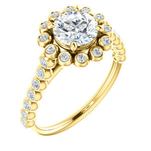 Cubic Zirconia Engagement Ring- The Maritere (Customizable Round Cut style with Round-Bezel Floral Halo and Accented Band)