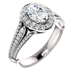 Cubic Zirconia Engagement Ring- The Frannie (Customizable Oval Cut Style with Halo and Tri-Split Pavé Band)