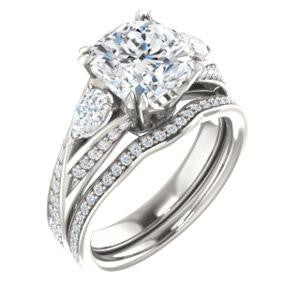CZ Wedding Set, featuring The Jackie engagement ring (Customizable Cushion Center with Flanking Pear Accents and Pavé Band)