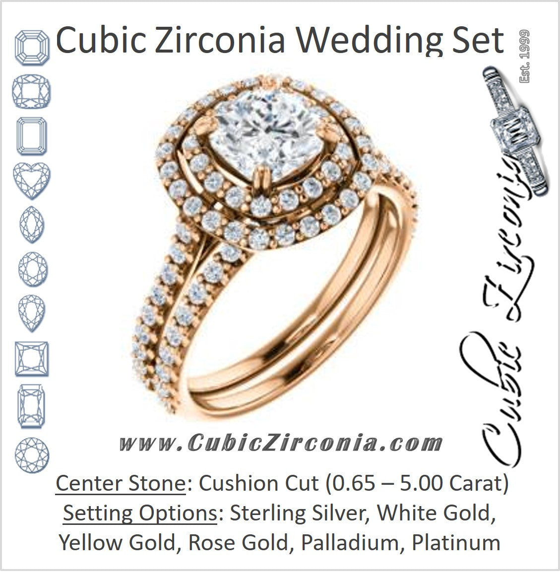 CZ Wedding Set, featuring The Alexandra engagement ring (Customizable Cushion Cut Double Halo Center with U-Pave and Pavé  Band)