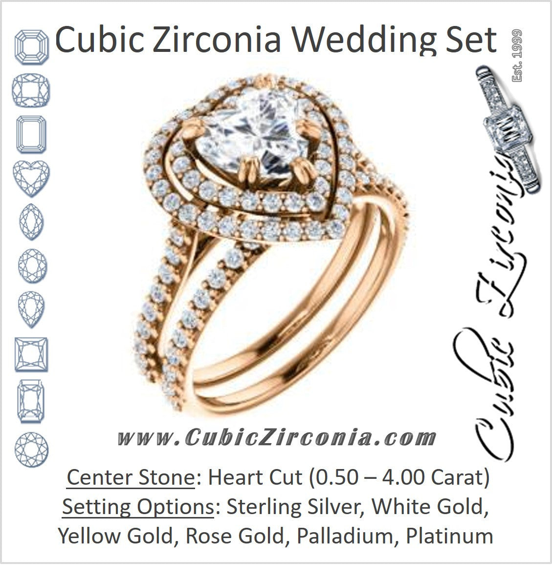 CZ Wedding Set, featuring The Alexandra engagement ring (Customizable Heart Cut Double Halo Center with U-Pave and Pavé  Band)