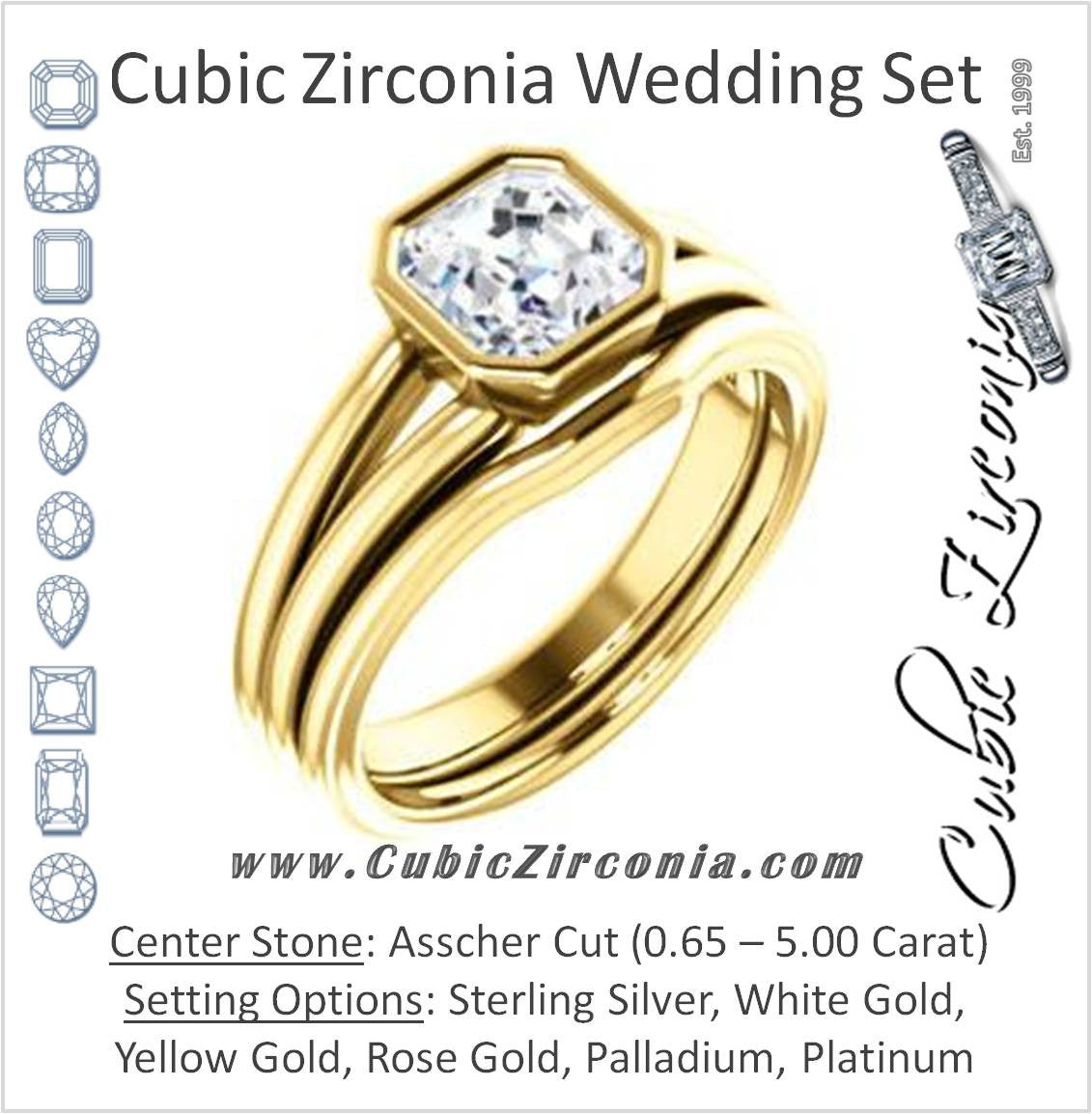 CZ Wedding Set, featuring The Bernadine engagement ring (Customizable Bezel-set Asscher Cut with V-Split Band)