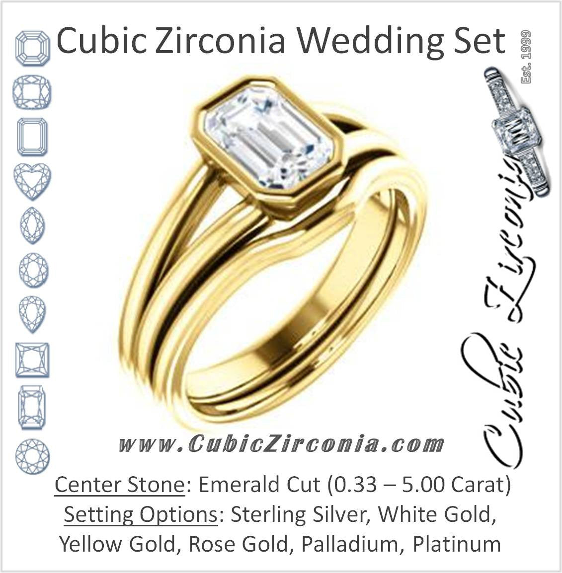 CZ Wedding Set, featuring The Bernadine engagement ring (Customizable Bezel-set Emerald Cut with V-Split Band)