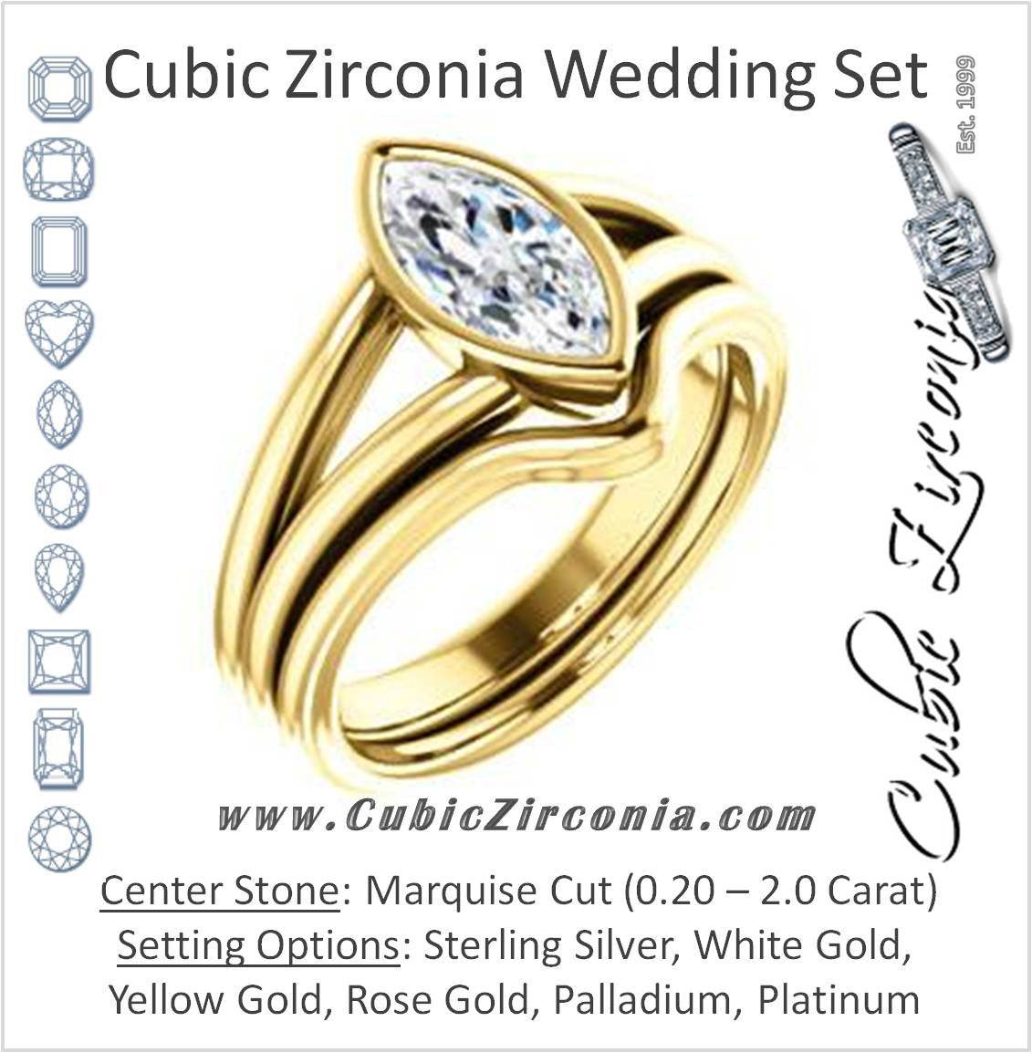 CZ Wedding Set, featuring The Bernadine engagement ring (Customizable Bezel-set Marquise Cut with V-Split Band)