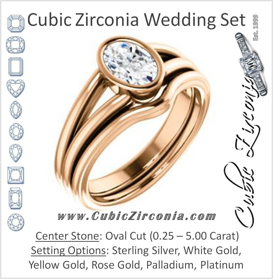 CZ Wedding Set, featuring The Bernadine engagement ring (Customizable Bezel-set Oval Cut with V-Split Band)