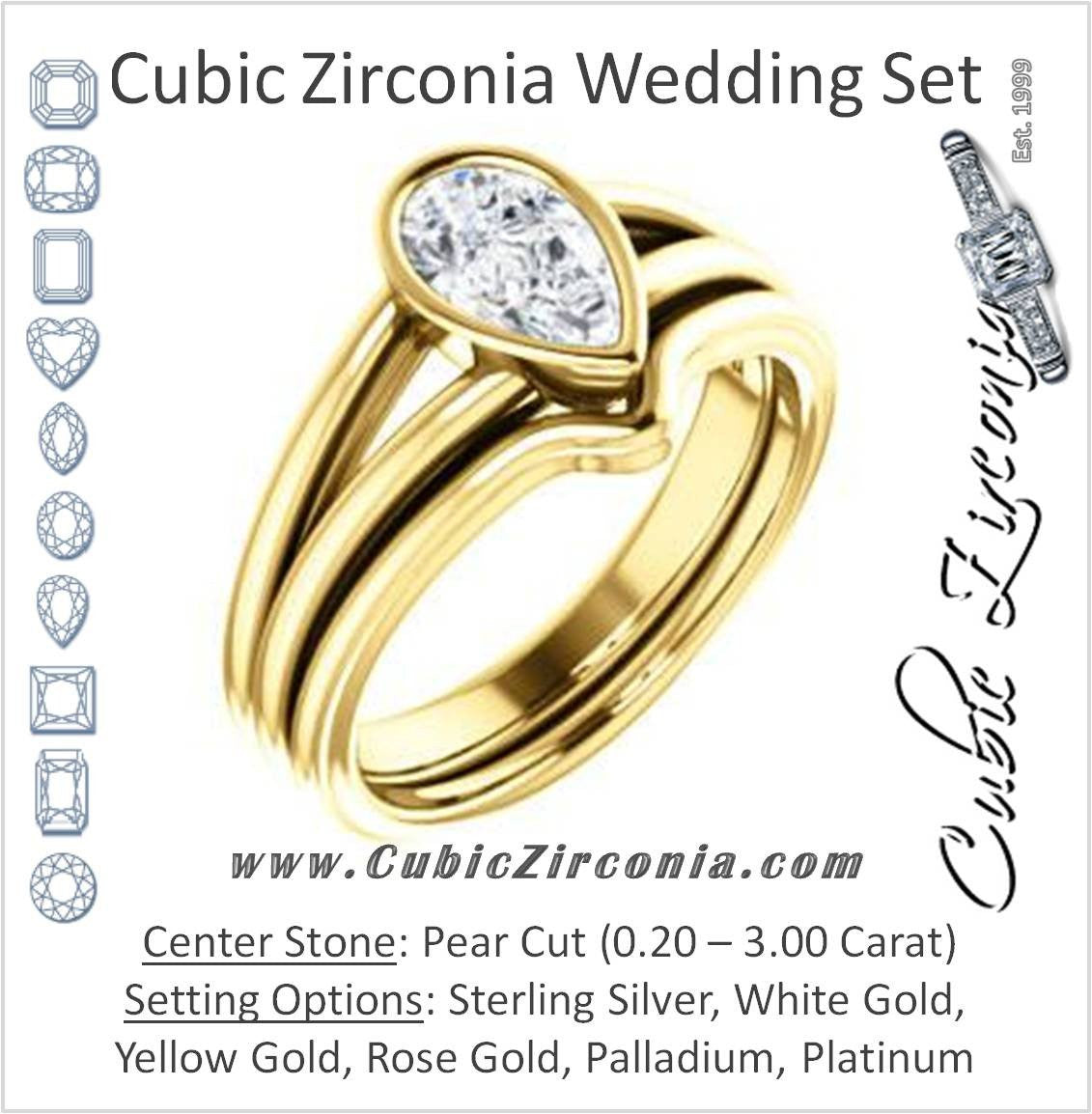 CZ Wedding Set, featuring The Bernadine engagement ring (Customizable Bezel-set Pear Cut with V-Split Band)