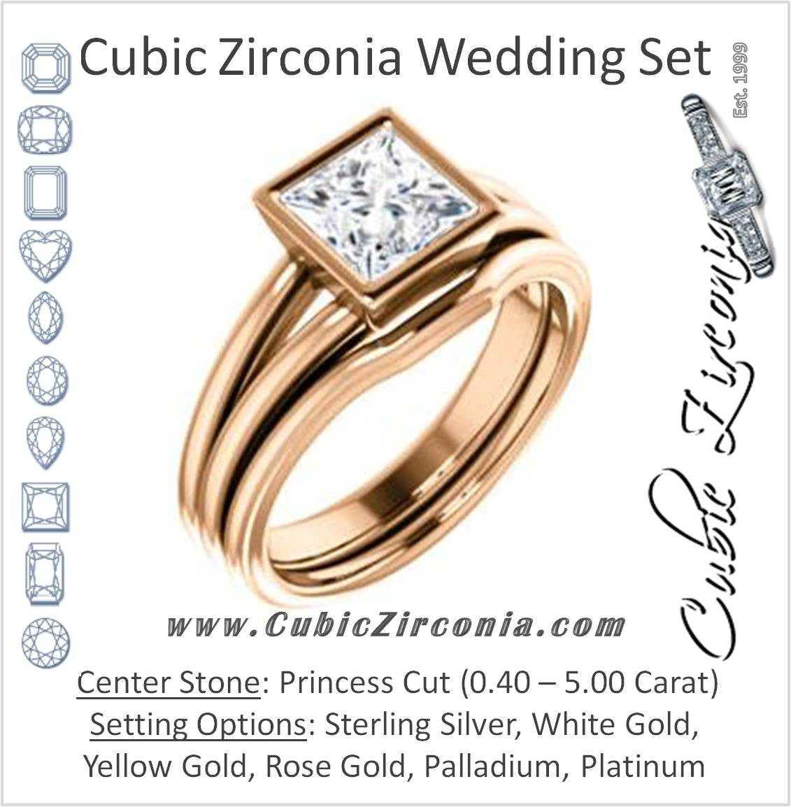 CZ Wedding Set, featuring The Bernadine engagement ring (Customizable Bezel-set Princess Cut with V-Split Band)