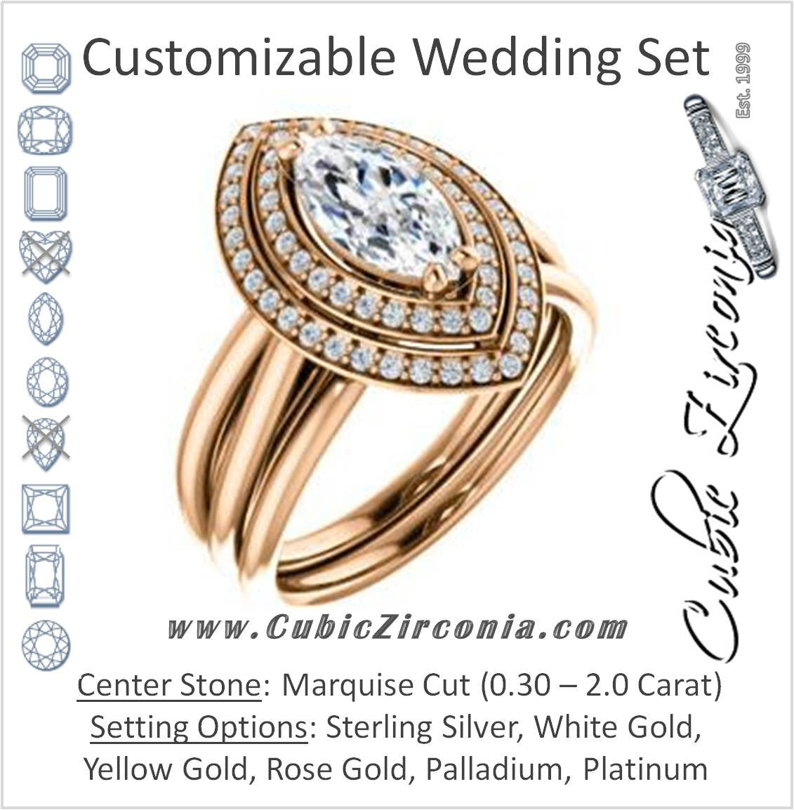 CZ Wedding Set, featuring The Brielle engagement ring (Customizable Marquise Cut Cathedral Double-Halo with Curved Split-Band)