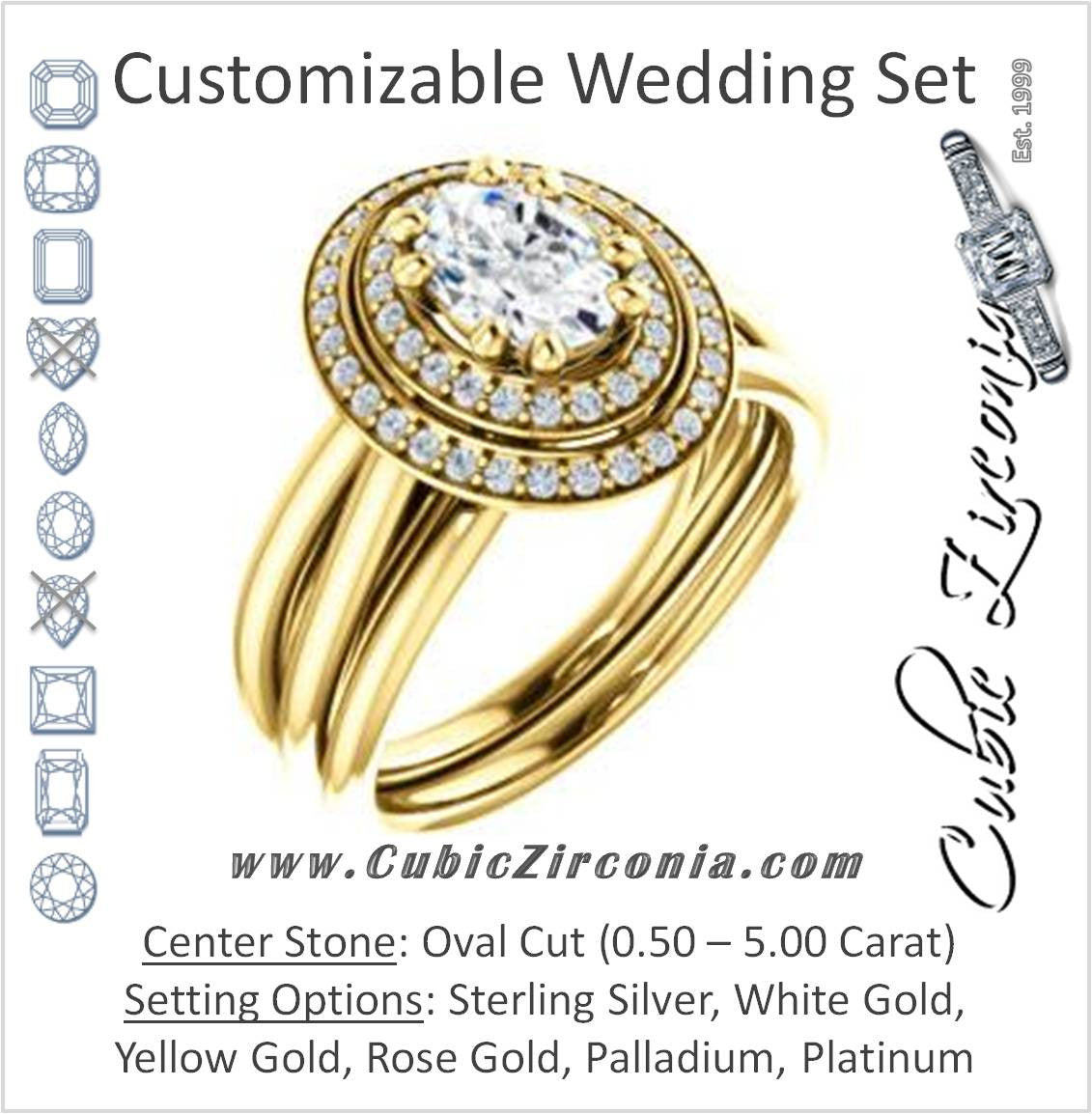 CZ Wedding Set, featuring The Brielle engagement ring (Customizable Oval Cut Cathedral Double-Halo with Curved Split-Band)