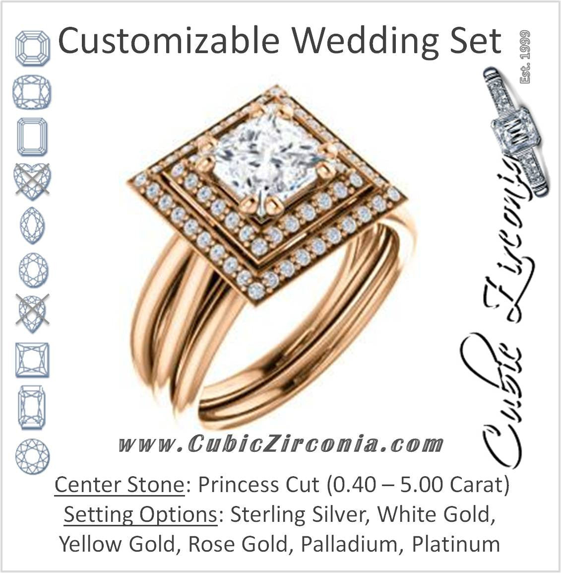CZ Wedding Set, featuring The Brielle engagement ring (Customizable Princess Cut Cathedral Double-Halo with Curved Split-Band)