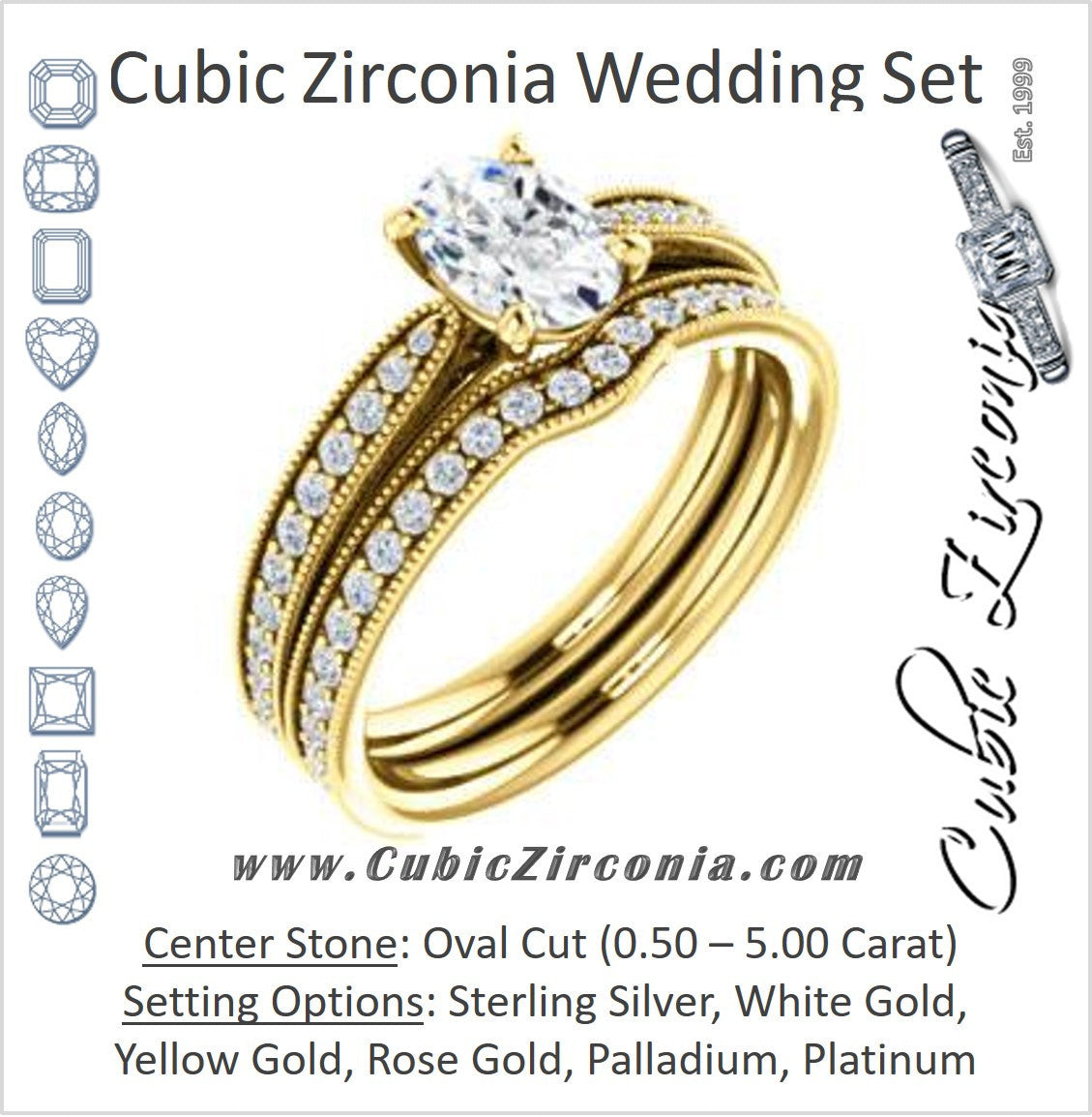 CZ Wedding Set, featuring The Brooklynn engagement ring (Customizable Oval Cut with Cathedral Setting and Milgrained Pavé Band)