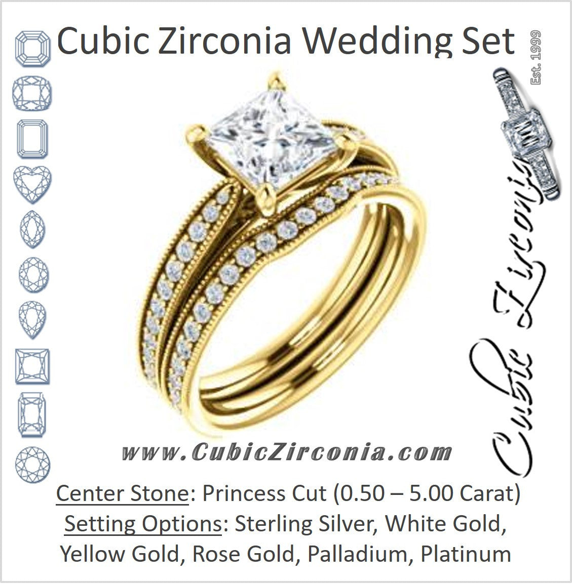 CZ Wedding Set, featuring The Brooklynn engagement ring (Customizable Princess Cut with Cathedral Setting and Milgrained Pavé Band)