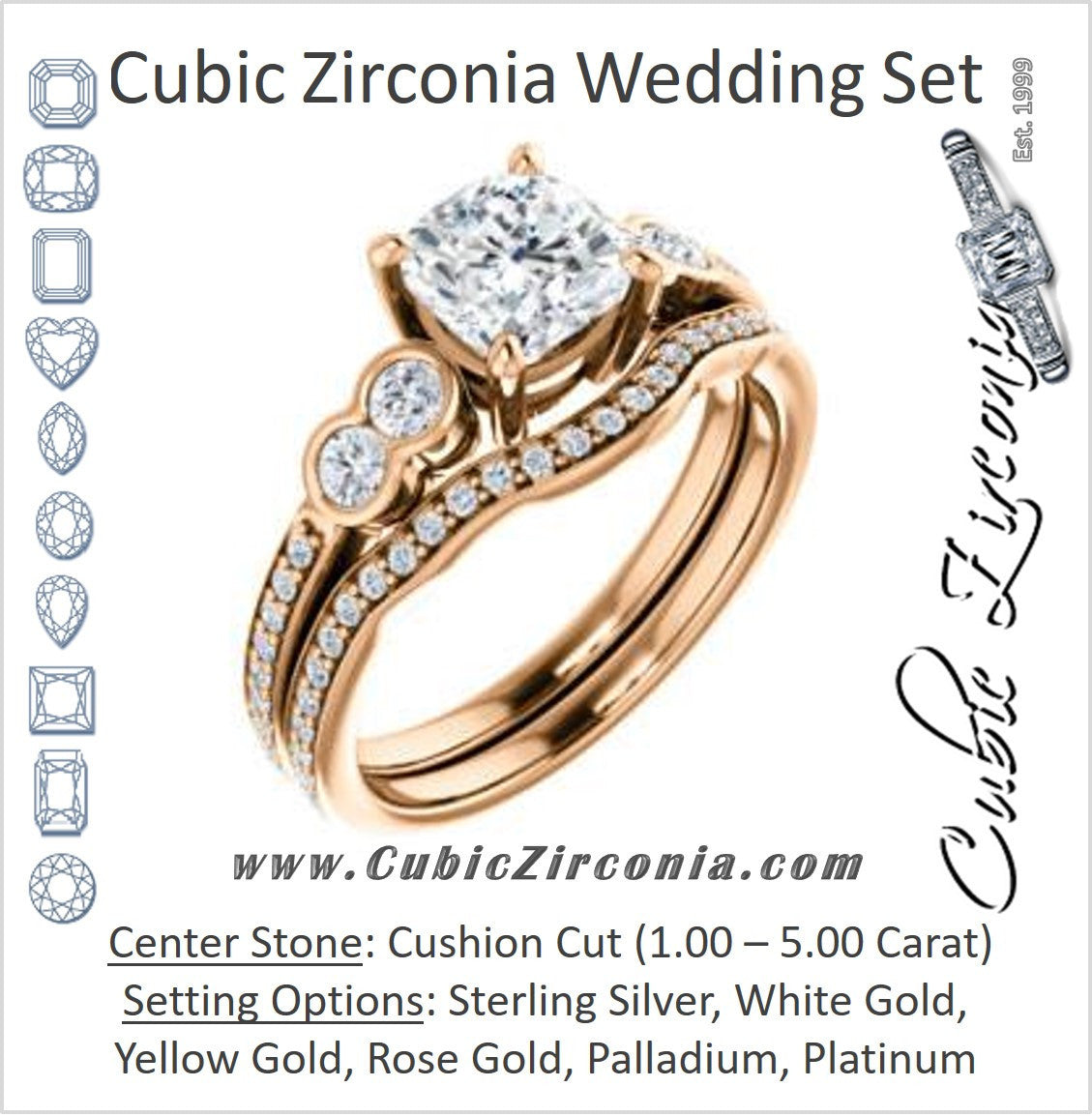 CZ Wedding Set, featuring The Eneroya engagement ring (Customizable Enhanced 5-stone Cushion Cut Design with Thin Pavé Band)