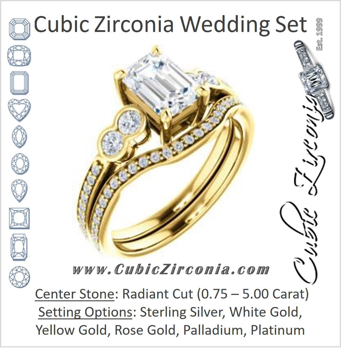 CZ Wedding Set, featuring The Eneroya engagement ring (Customizable Enhanced 5-stone Radiant Cut Design with Thin Pavé Band)
