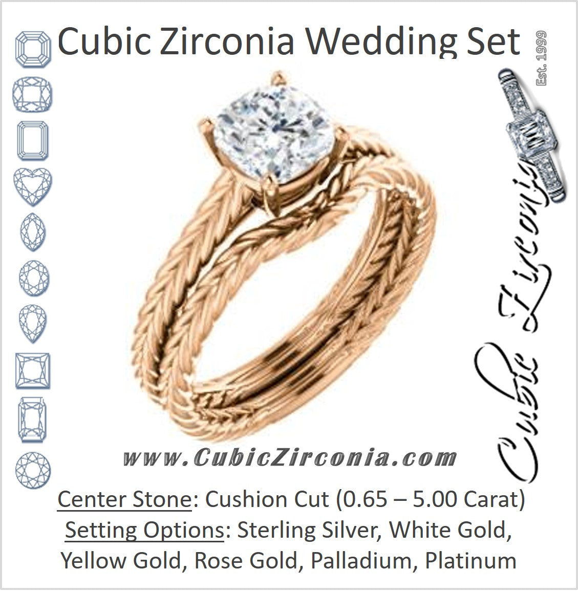 CZ Wedding Set, featuring The Florence engagement ring (Customizable Cathedral-set Cushion Cut Solitaire with Vintage Braided Metal Band)