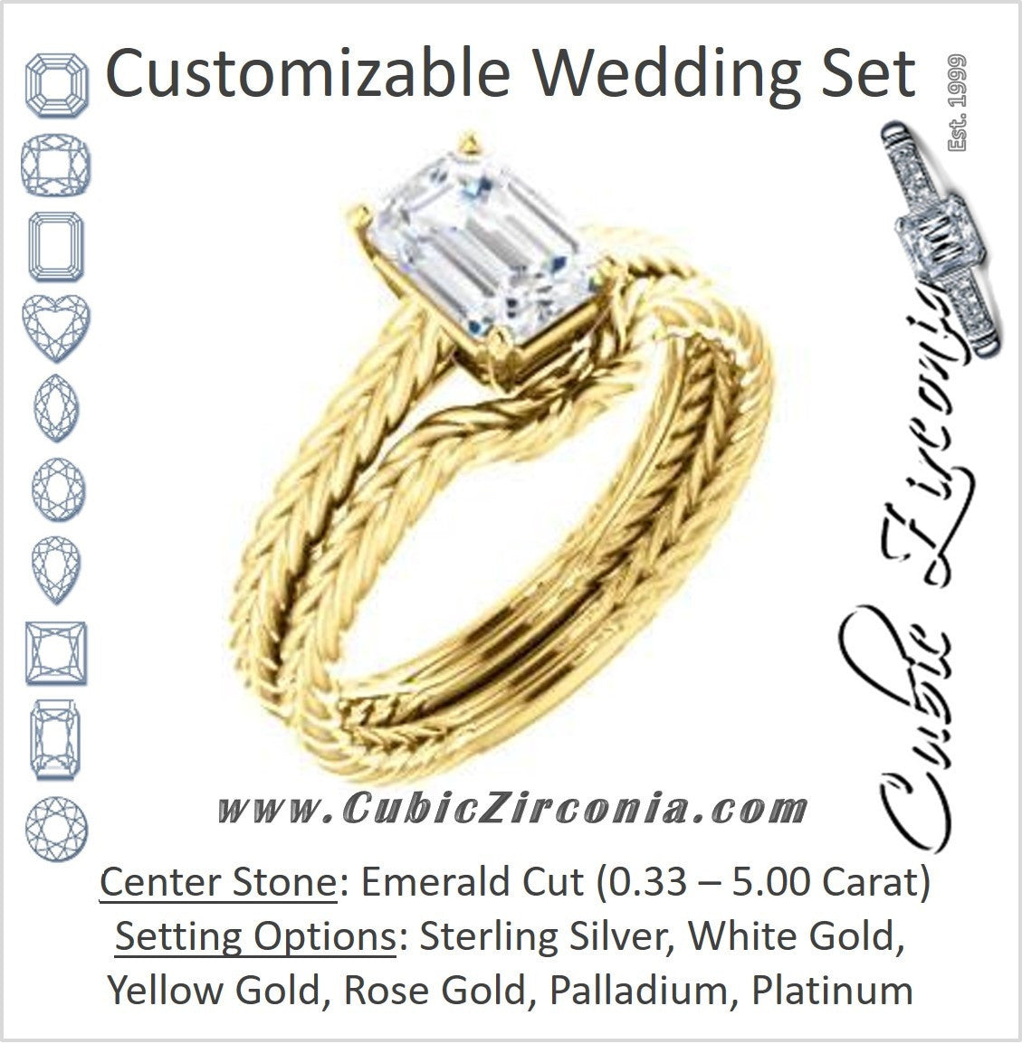 CZ Wedding Set, featuring The Florence engagement ring (Customizable Cathedral-set Emerald Cut Solitaire with Vintage Braided Metal Band)