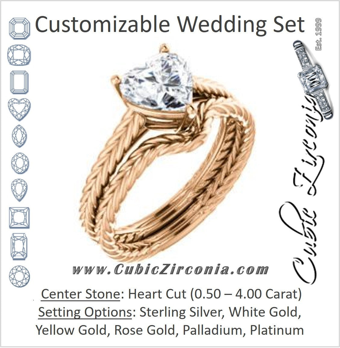 CZ Wedding Set, featuring The Florence engagement ring (Customizable Cathedral-set Heart Cut Solitaire with Vintage Braided Metal Band)