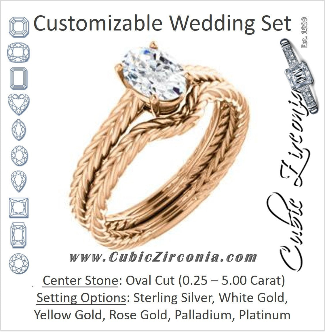 CZ Wedding Set, featuring The Florence engagement ring (Customizable Cathedral-set Oval Cut Solitaire with Vintage Braided Metal Band)