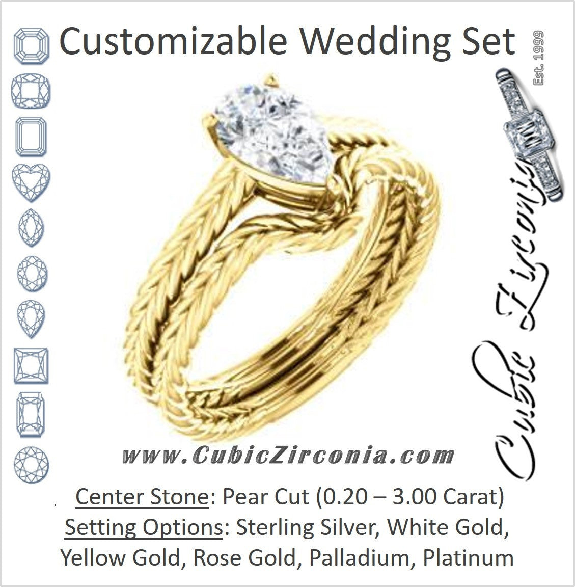 CZ Wedding Set, featuring The Florence engagement ring (Customizable Cathedral-set Pear Cut Solitaire with Vintage Braided Metal Band)
