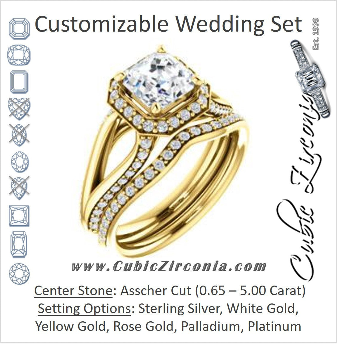 CZ Wedding Set, featuring The Gabrielle Mia engagement ring (Customizable Asscher Cut Design with Halo & Accented Three-sided Wide Split Band)