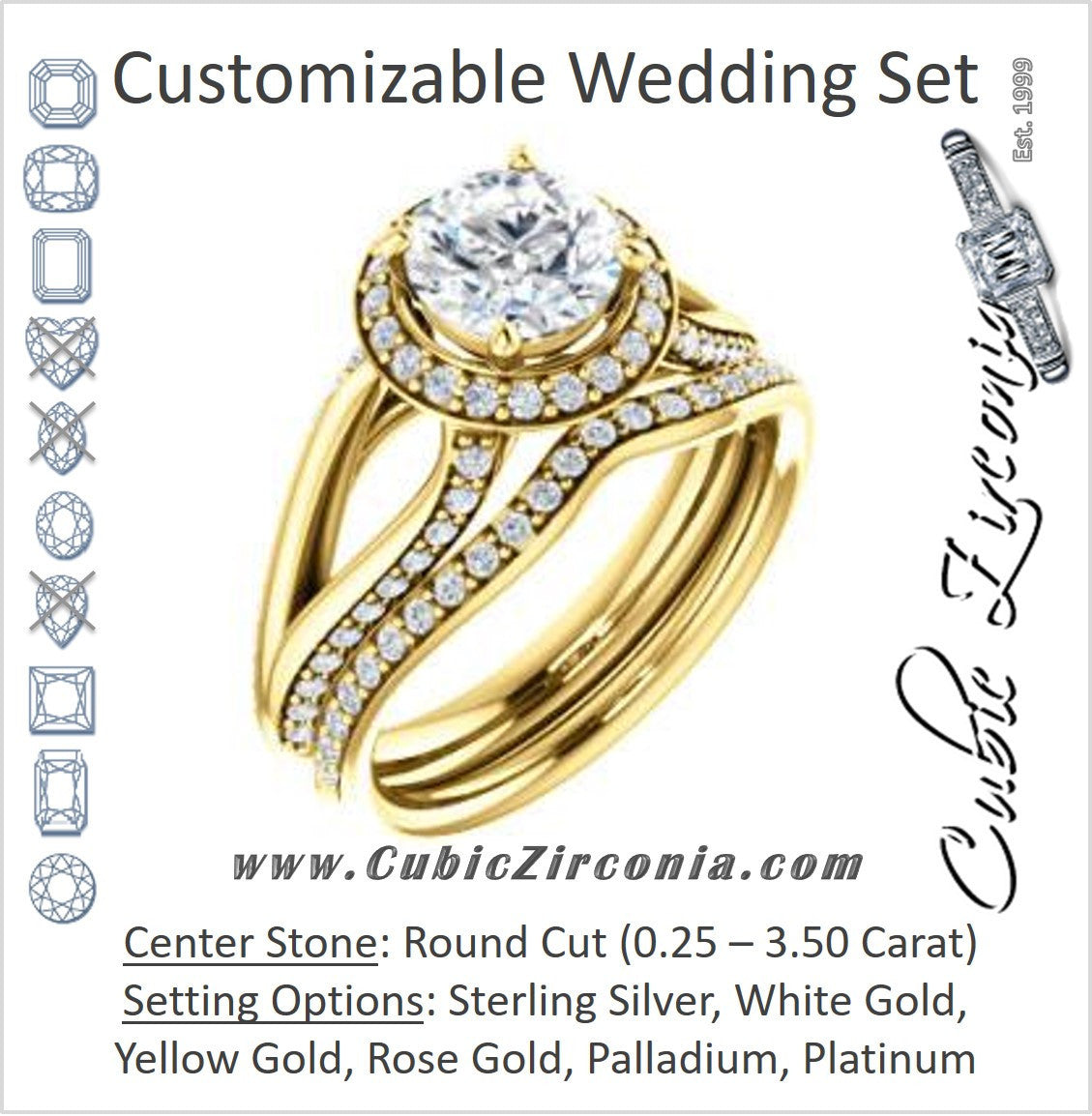 CZ Wedding Set, featuring The Gabrielle Mia engagement ring (Customizable Round Cut Design with Halo & Accented Three-sided Wide Split Band)