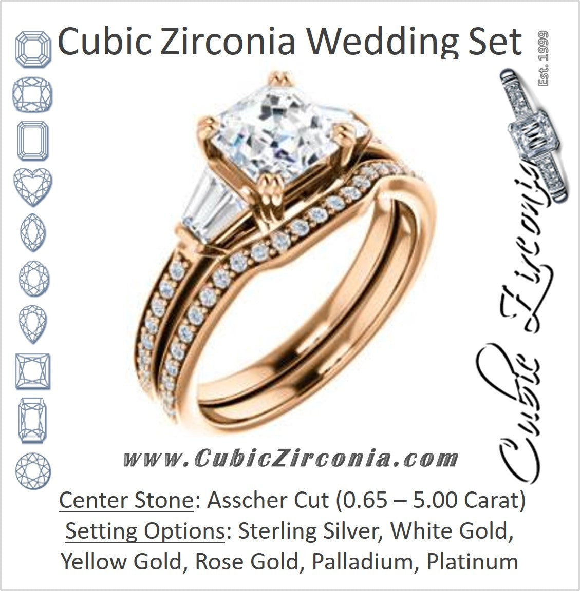 CZ Wedding Set, featuring The Hazel Rae engagement ring (Customizable Asscher Cut Design with Quad Baguette Accents and Pavé Band)