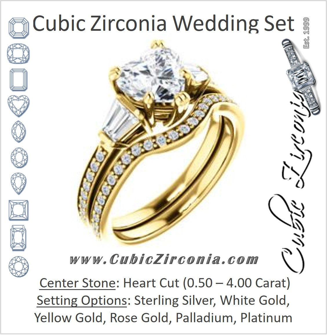 CZ Wedding Set, featuring The Hazel Rae engagement ring (Customizable Heart Cut Design with Quad Baguette Accents and Pavé Band)