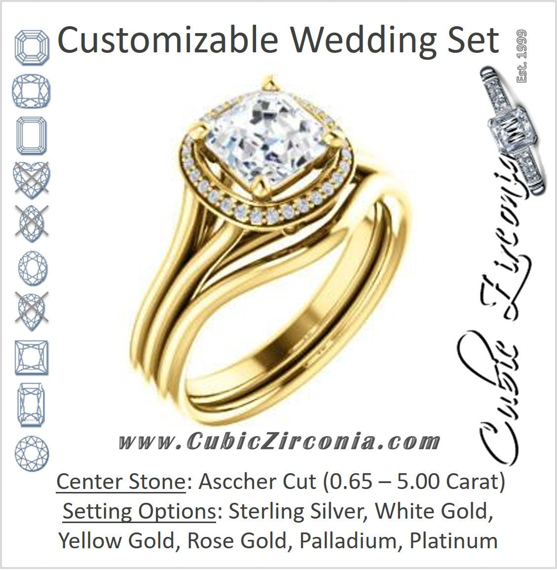 CZ Wedding Set, featuring The Jaci engagement ring (Customizable Cathedral-set Asscher Cut Design with Split-Band and Halo Accents)