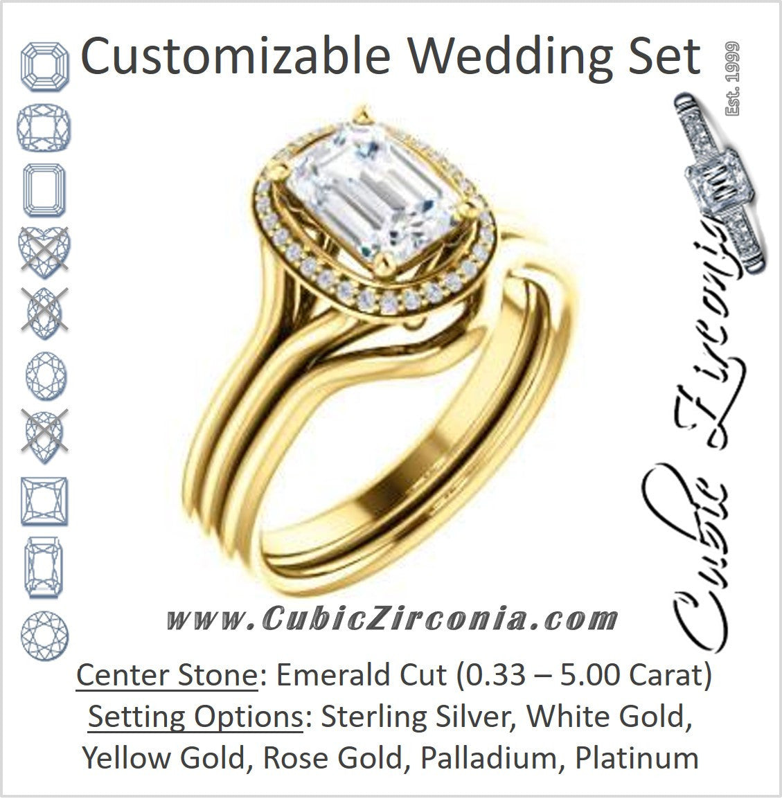 CZ Wedding Set, featuring The Jaci engagement ring (Customizable Cathedral-set Emerald Cut Design with Split-Band and Halo Accents)