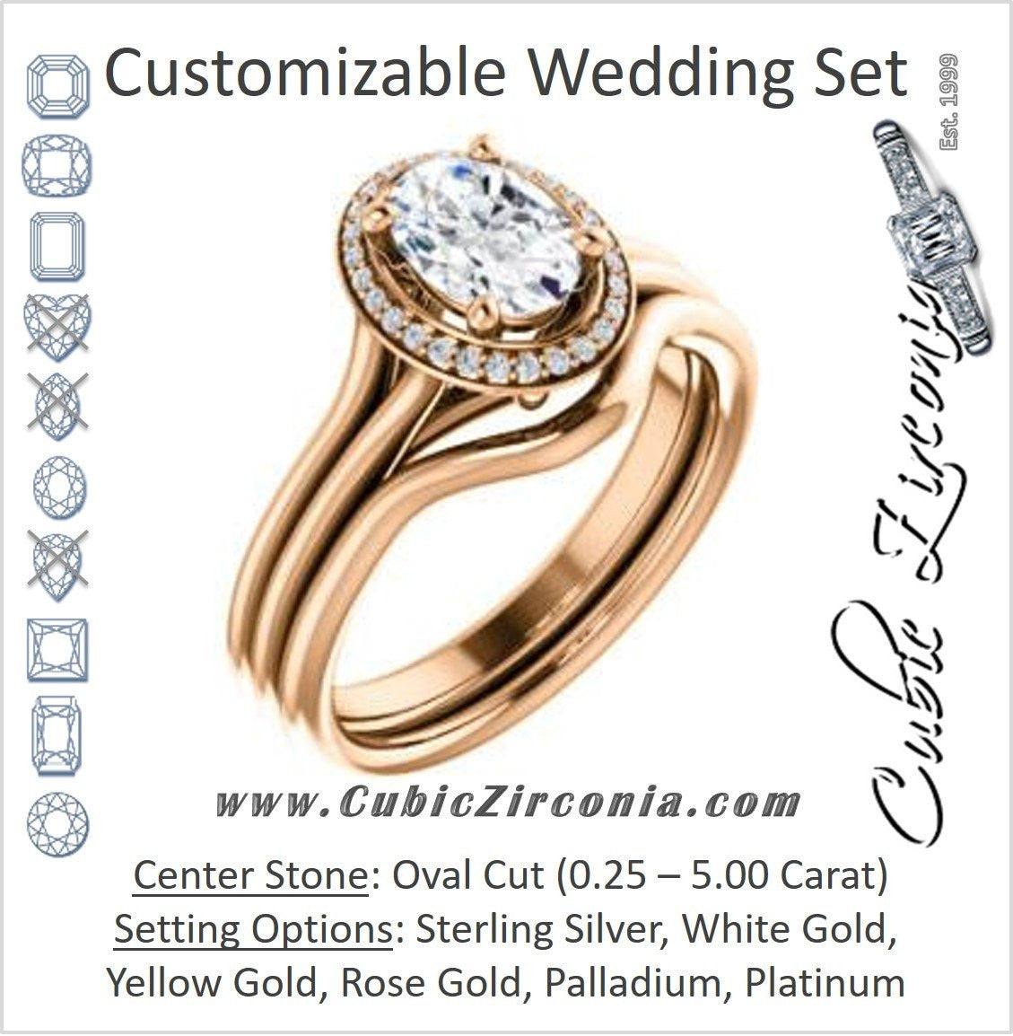 CZ Wedding Set, featuring The Jaci engagement ring (Customizable Cathedral-set Oval Cut Design with Split-Band and Halo Accents)