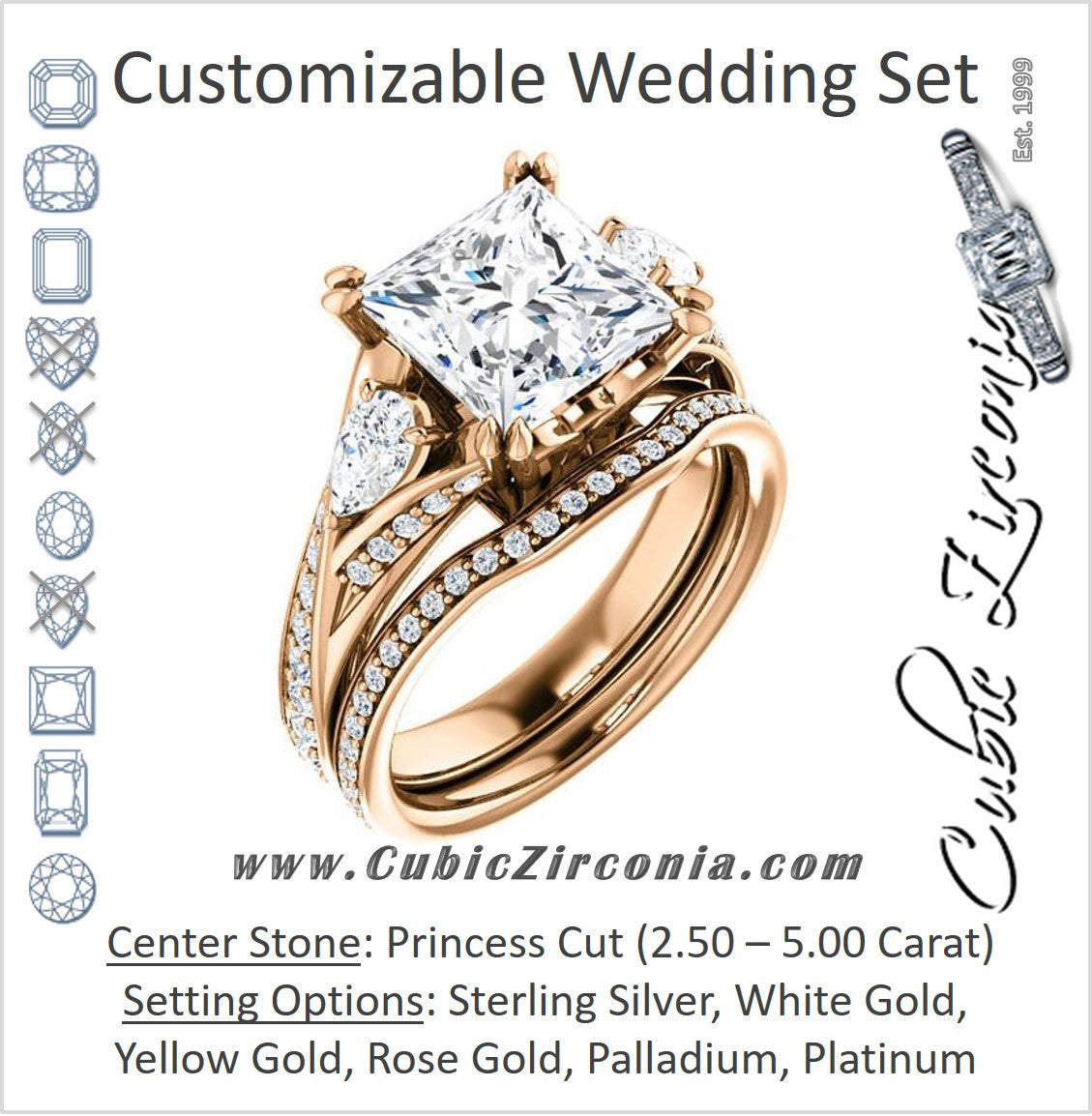 CZ Wedding Set, featuring The Jackie engagement ring (Customizable Princess Center with Flanking Pear Accents and Pavé Band)